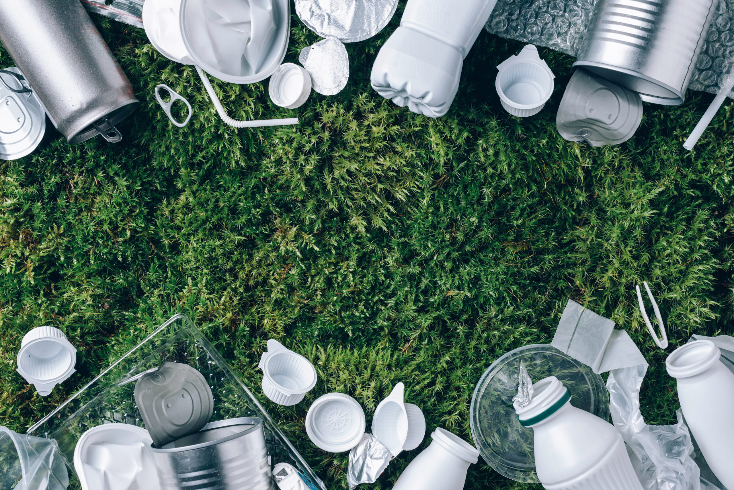 Reuse garbage, recycle, plastic free. Food plastic packaging, trash on green moss background after picnic in forest. Top view. Copy space. Recycling plastic. Environmental pollution, ecology concept.