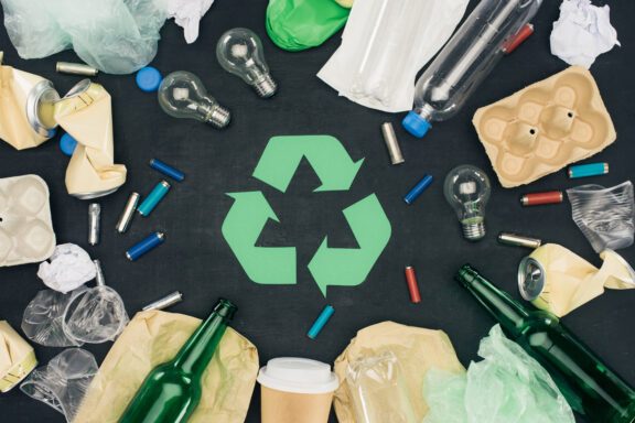 top view of various types of trash around recycle sign on black