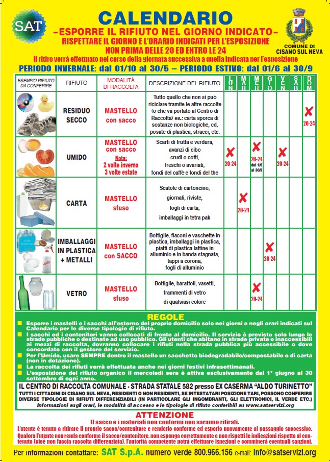 Cisano sul Neva: il calendario di esposizione dei rifiuti raccolta porta a porta