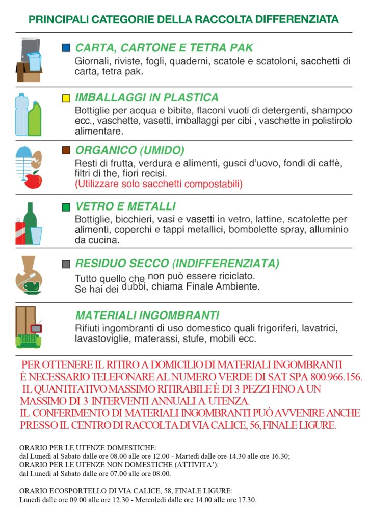 Orco Feglino: il calendario della raccolta dei rifiuti per le utenze domestiche (UD)