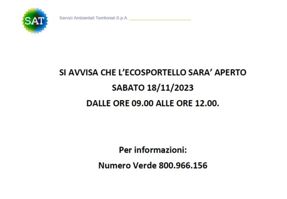 Ecosportello Carcare Avviso per Sabato 18 11