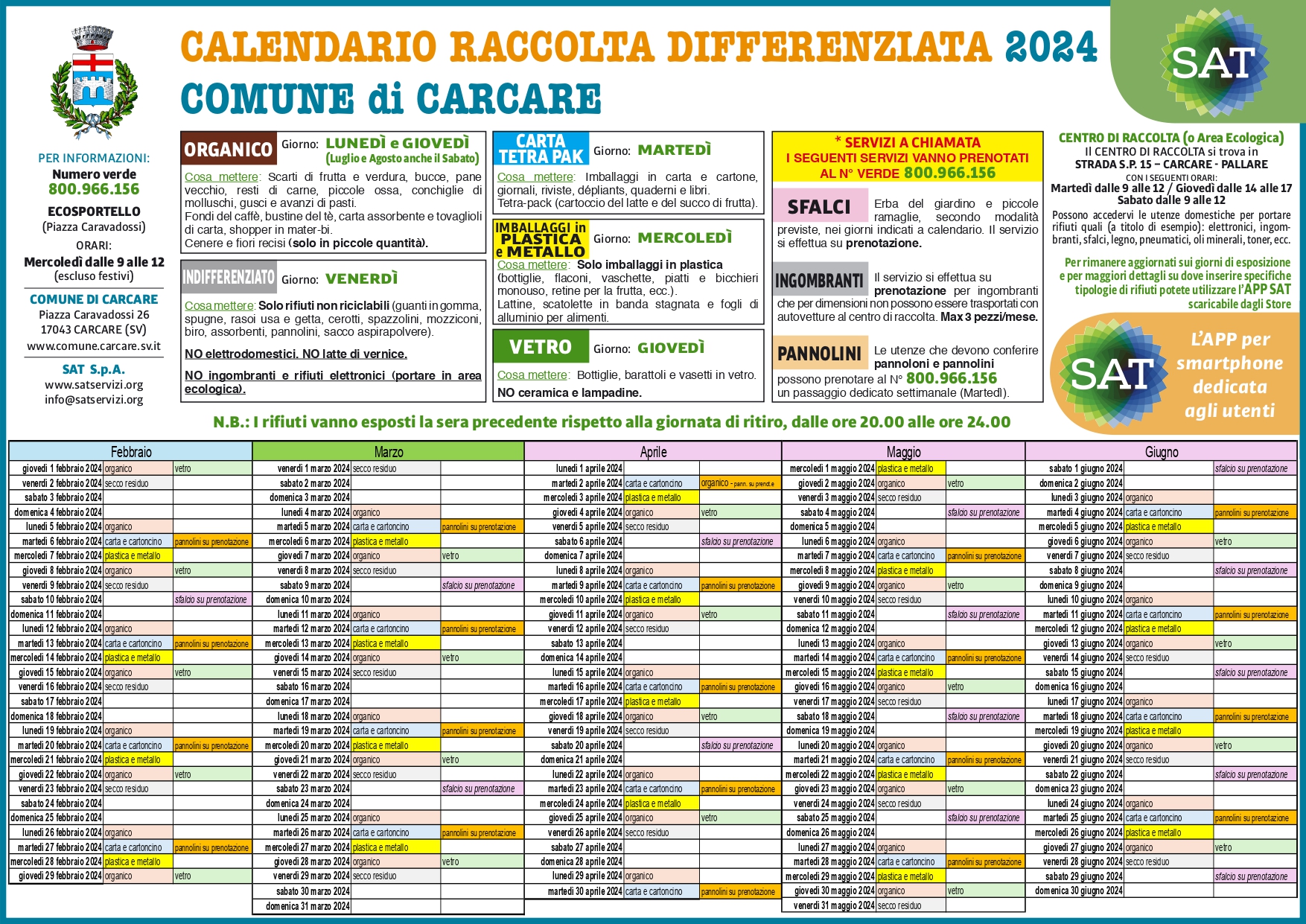 Carcare calendario gennaiogiugno 2025 della raccolta differenziata SAT Servizi Ambientali