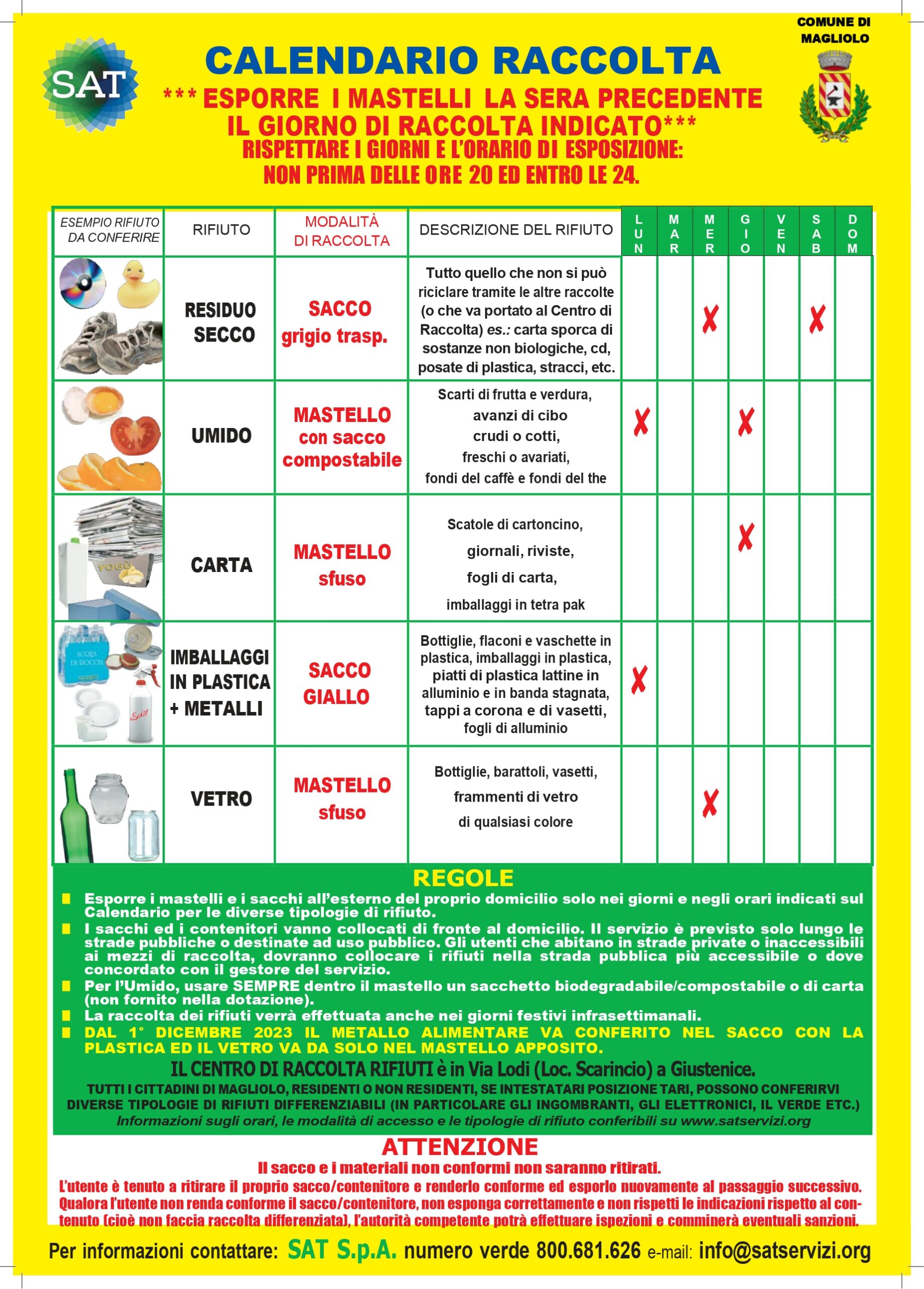 Calendario raccolta rifiuti settimanale