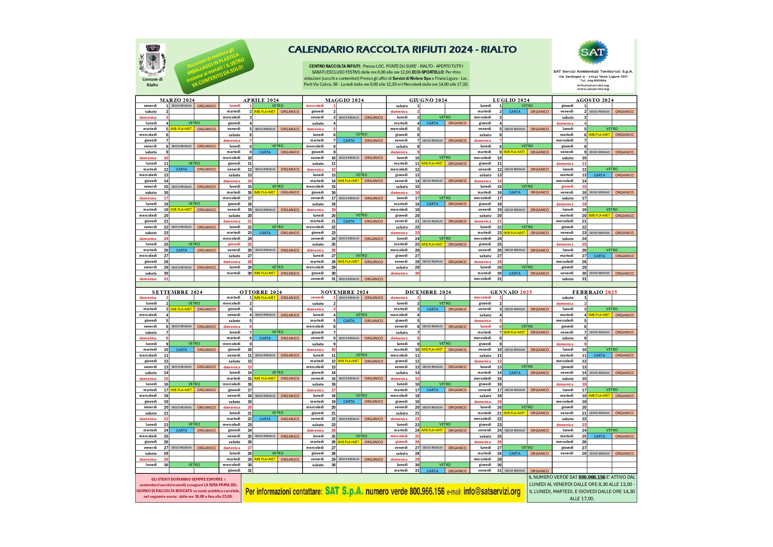 Rialto: è disponibile il calendario 2025 per la raccolta differenziata