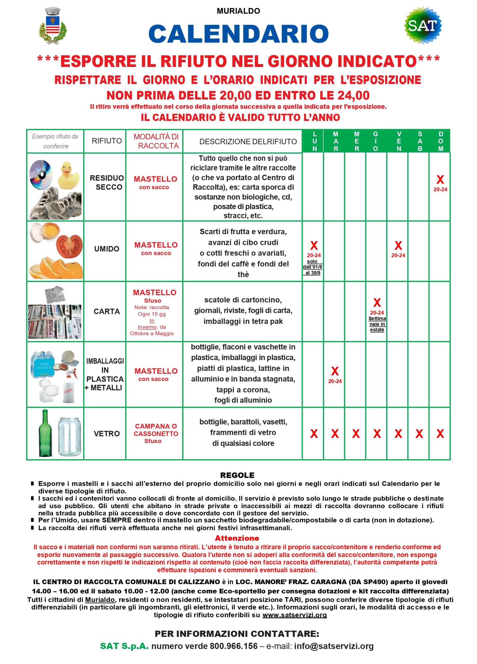 Murialdo: calendario di esposizione dei rifiuti per la raccolta settimanale