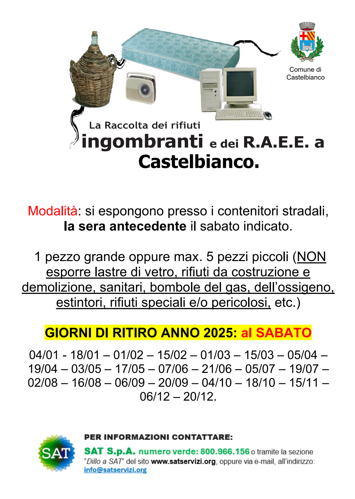 Castelbianco: calendario raccolta rifiuti ingombranti 2025