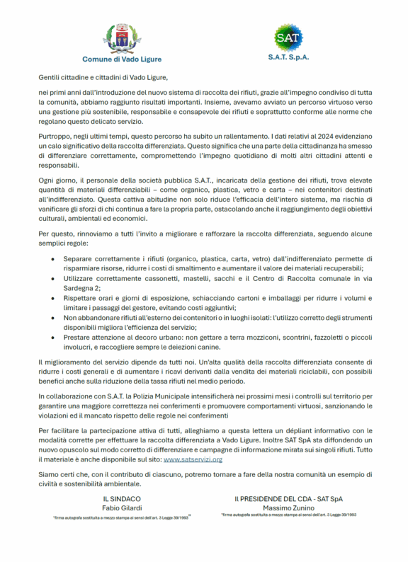 Lettera del Sindaco per la raccolta differenziata