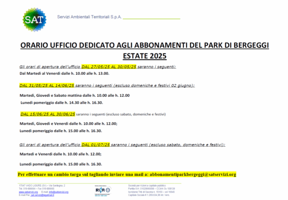 Orario abbonamento parking Bergeggi 2025