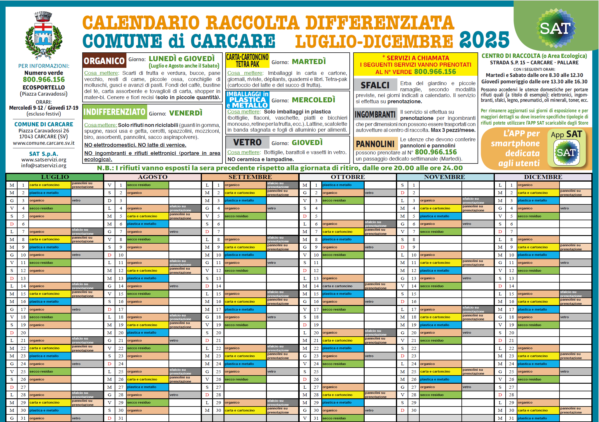 Carcare: nuovo calendario raccolta differenziata luglio-dicembre 2025