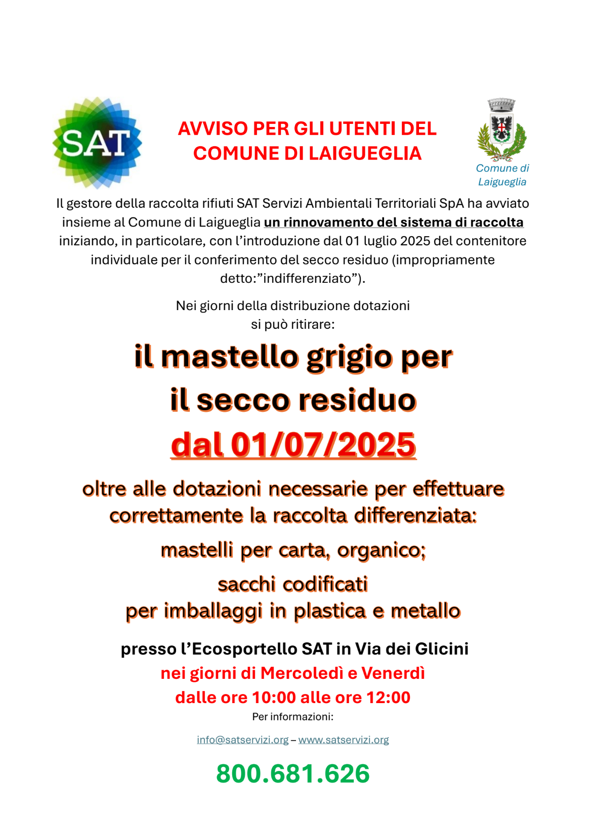 Laigueglia: dal 1 luglio distribuzione del mastello grigio (rifiuto secco residuo) presso il CdR