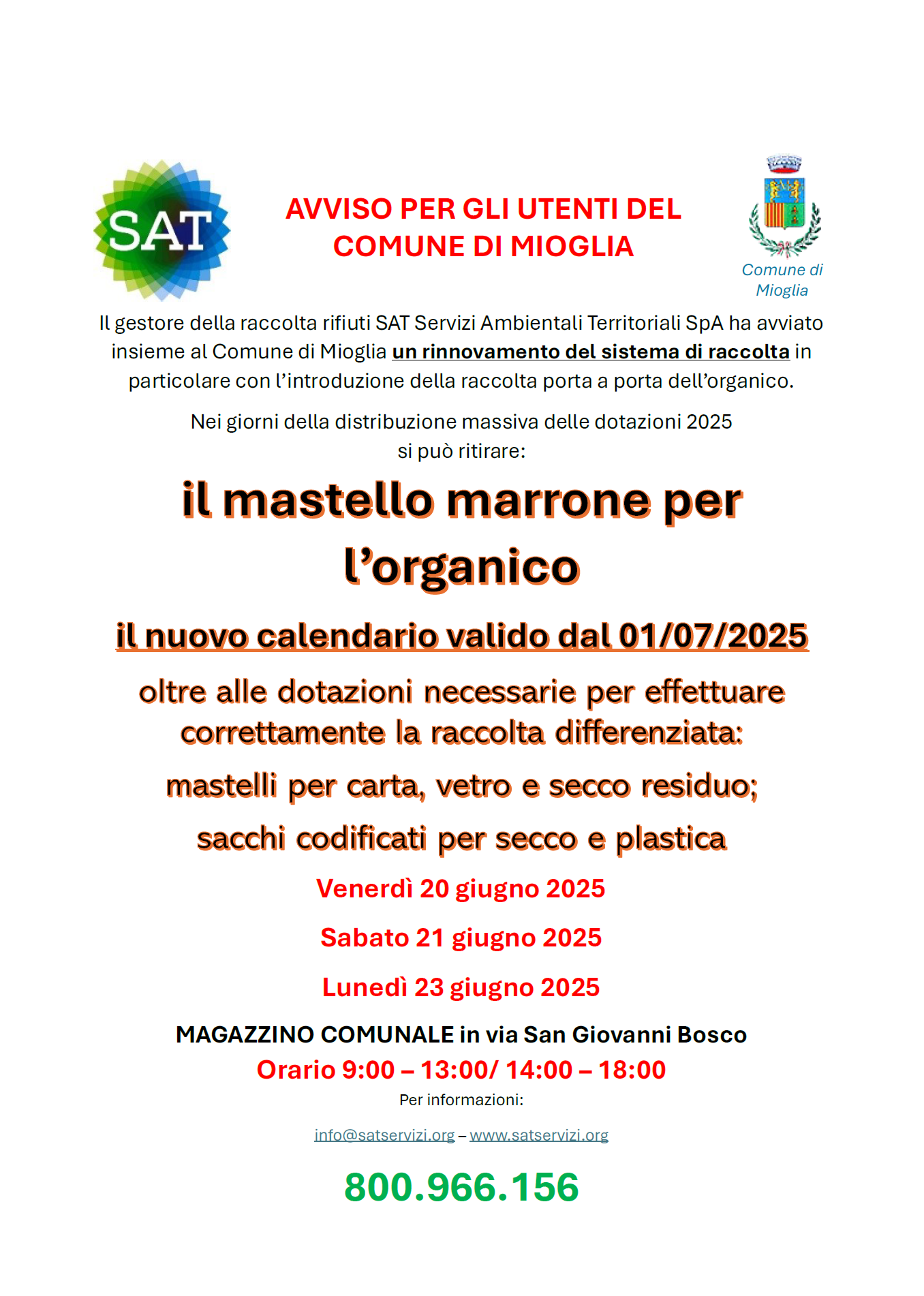 Mioglia: il nuovo calendario raccolta differenziata in vigore dal 01 07 2025