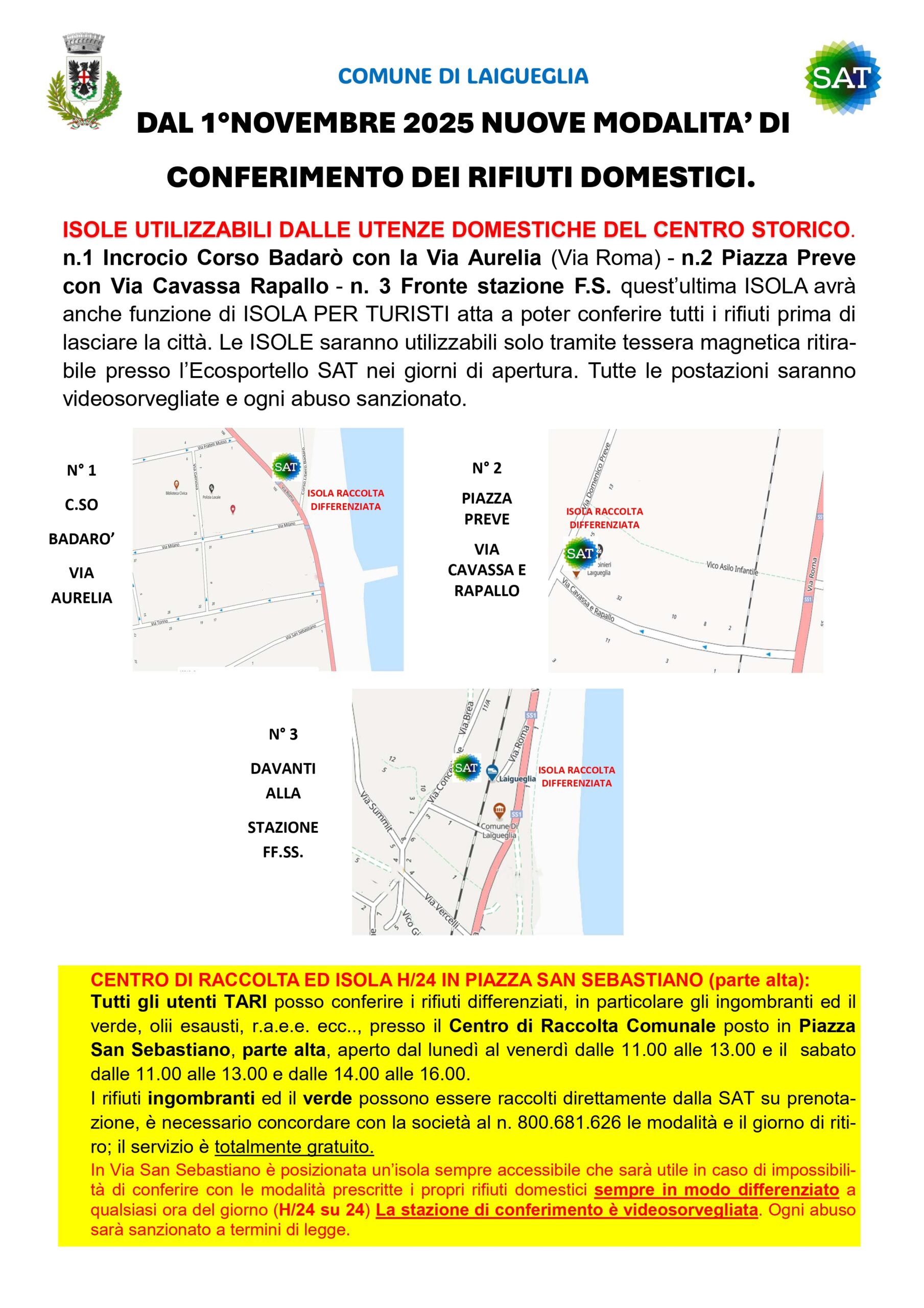 Laigueglia, dal 1° novembre 2025 nuovo sistema di raccolta per utenze centro storico e zona di via Pini