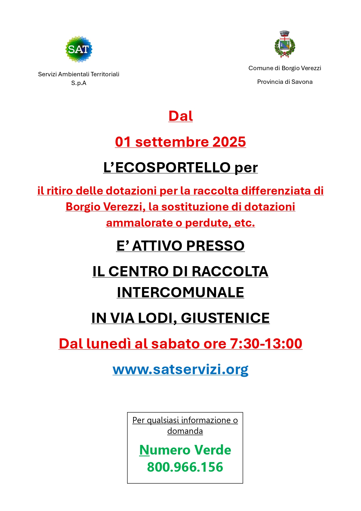Borgio Verezzi: dal 1° settembre le dotazioni si ritireranno presso il CdR intercomunale di Giustenice