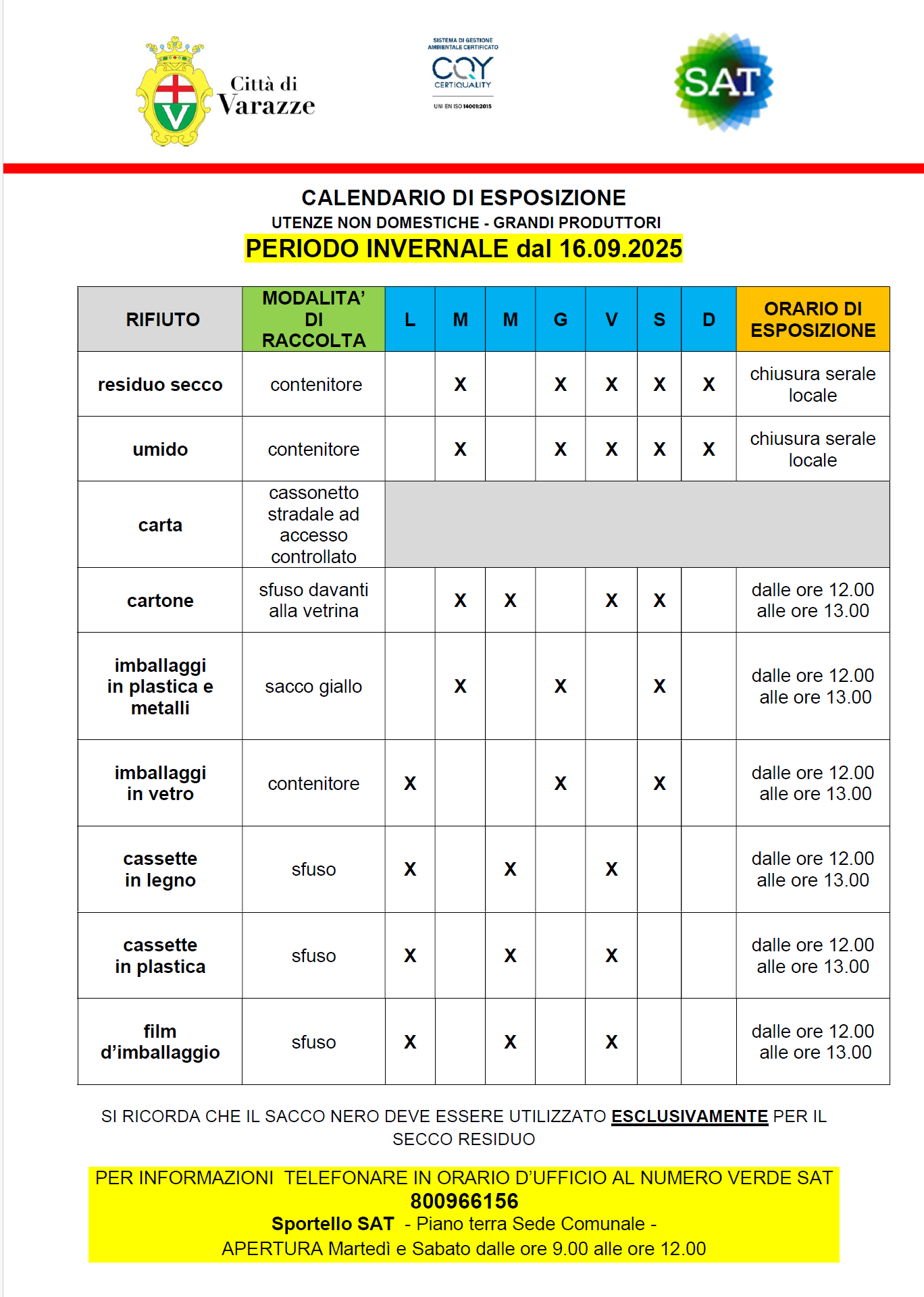 Varazze: nuovo calendario invernale per le Utenze Non Domestiche