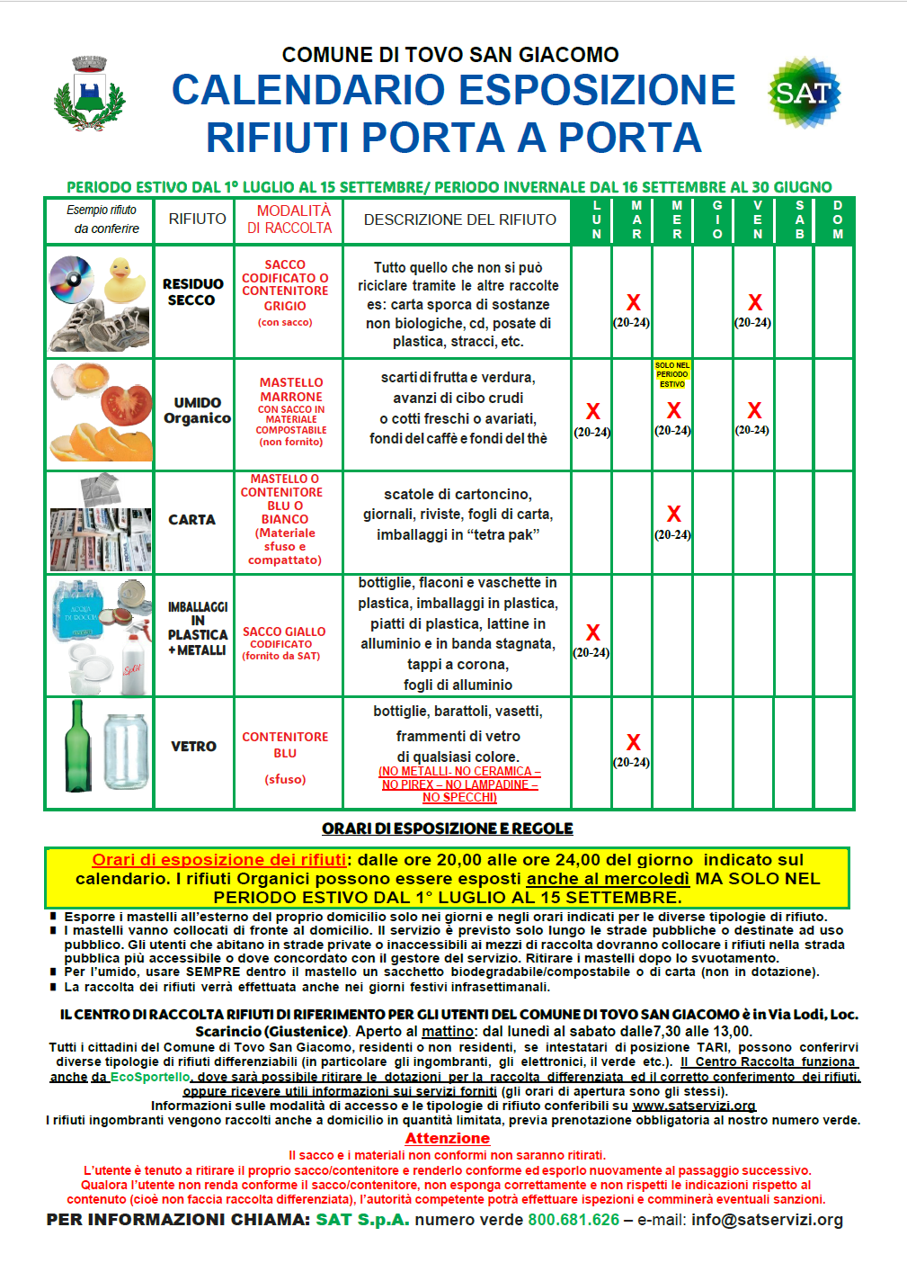 Tovo San Giacomo: il calendario della raccolta differenziata